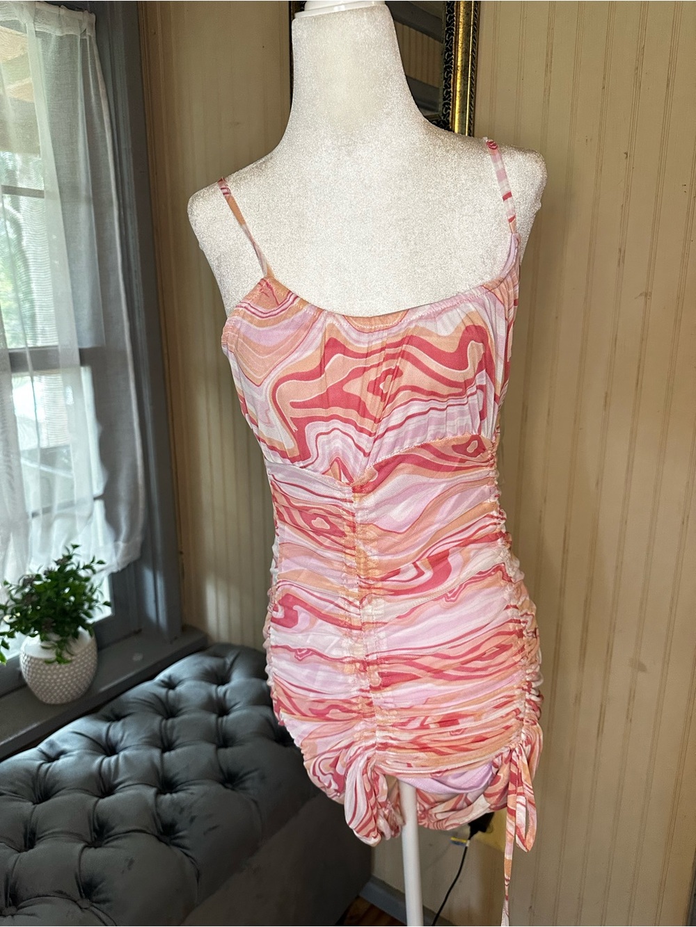 Almost Famous Pink Marble Print Ruched Mini Dress NWT Women’s Medium Bodycon Y2K
